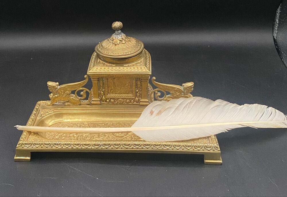 Antique Egyptian Revival Brass Sphinx Inkwell Desk Hollywood Regency Grand Tour
